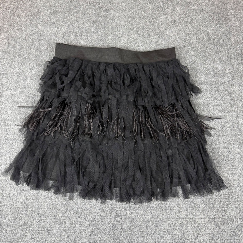 See You Monday Black Mesh Fringe Ostrich Feather Tiered Mini Skirt Small NWT